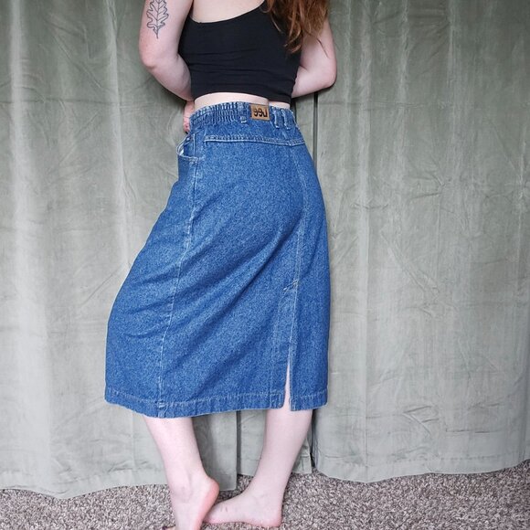 Vintage Casual Coastal Western Cottagecore Preppy Mid Rise Denim Midi Skirt - Picture 1 of 12